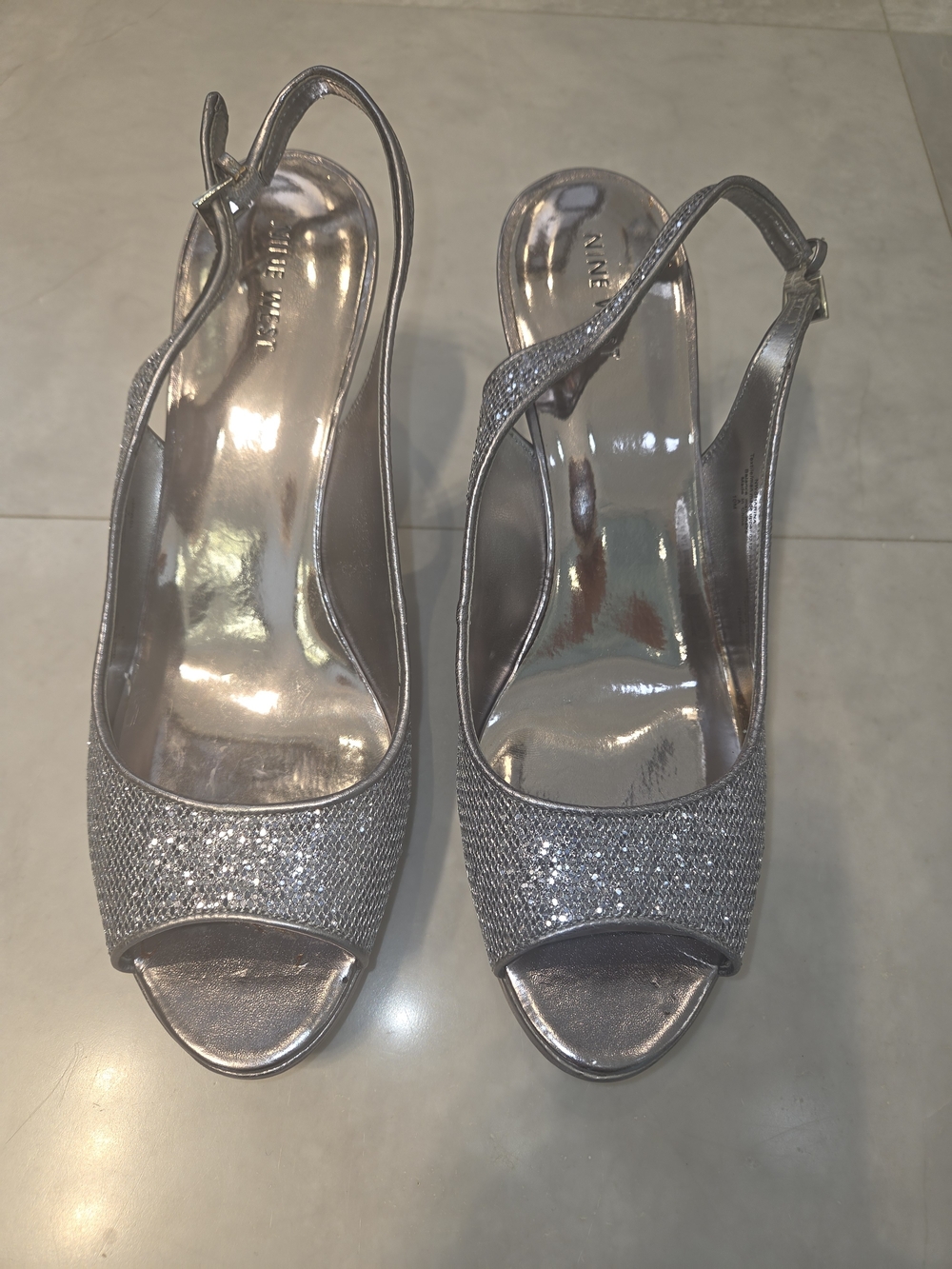 Nine West Silver Glitter Slingback Peep-Toe Heels